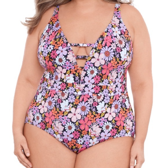 Time and Tru Floral V Strappy Front One Piece Womens Swimsuit - Picture 2 of 6